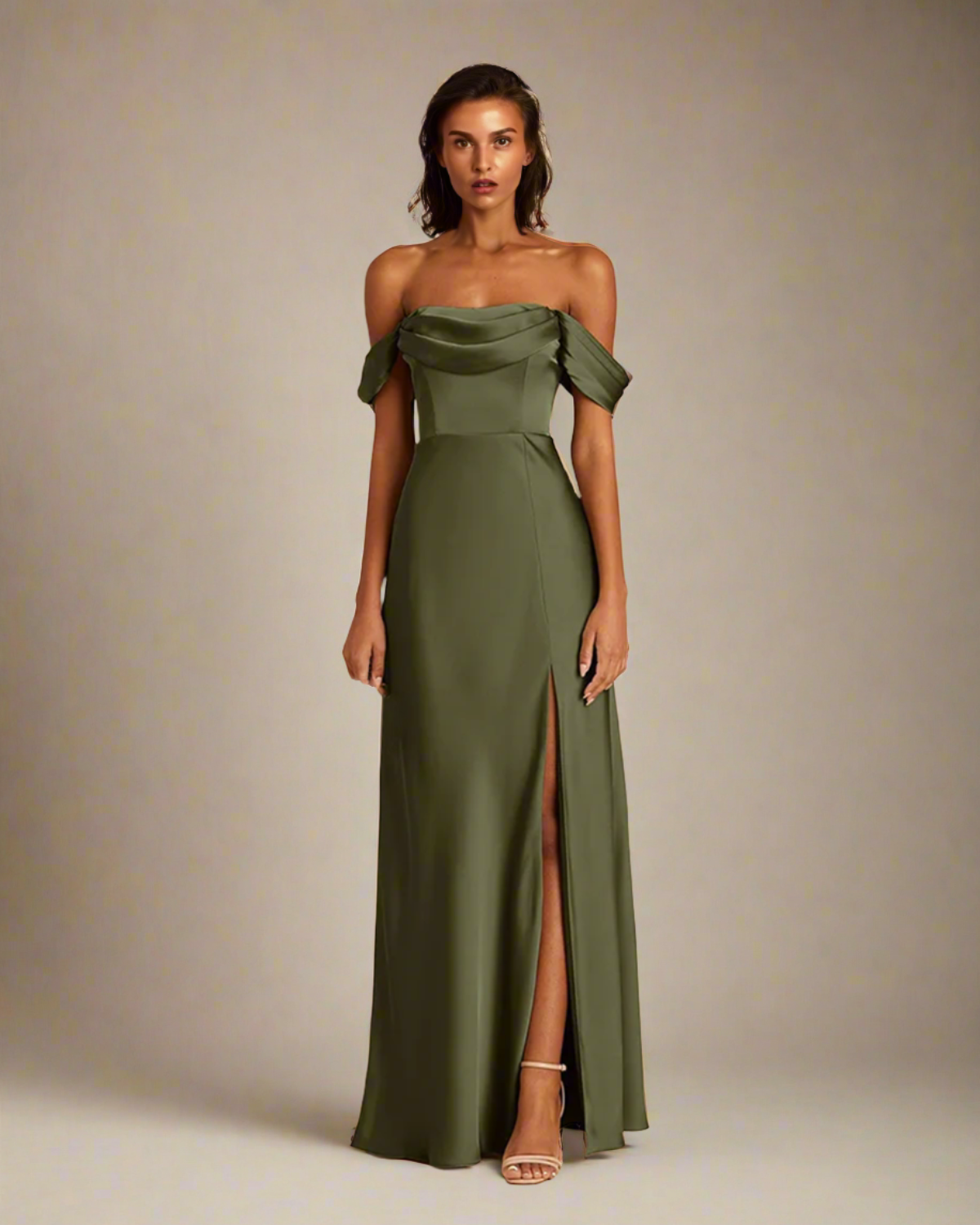 Brittany Olive Green Satin Bardot Long Evening Dress ADKN UK