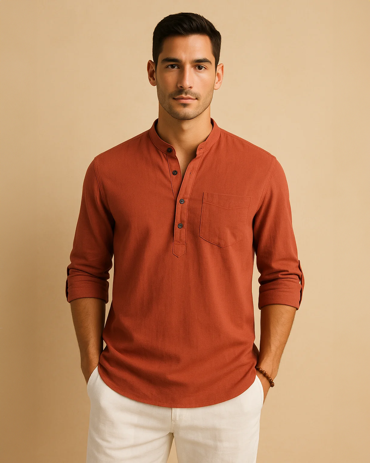 Men Burnt Orange Long Sleeve Henley Shirt ADKN UK - Main Image