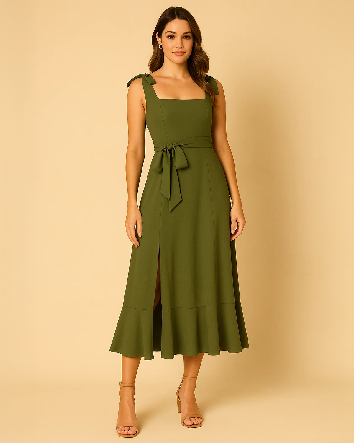Olive Green Midi Dress | Vegan-Friendly Tea Dress with Ruffle Hem ADKN Olive Green Midi Dress | Vegan-Friendly Tea Dress with Ruffle Hem ADKN