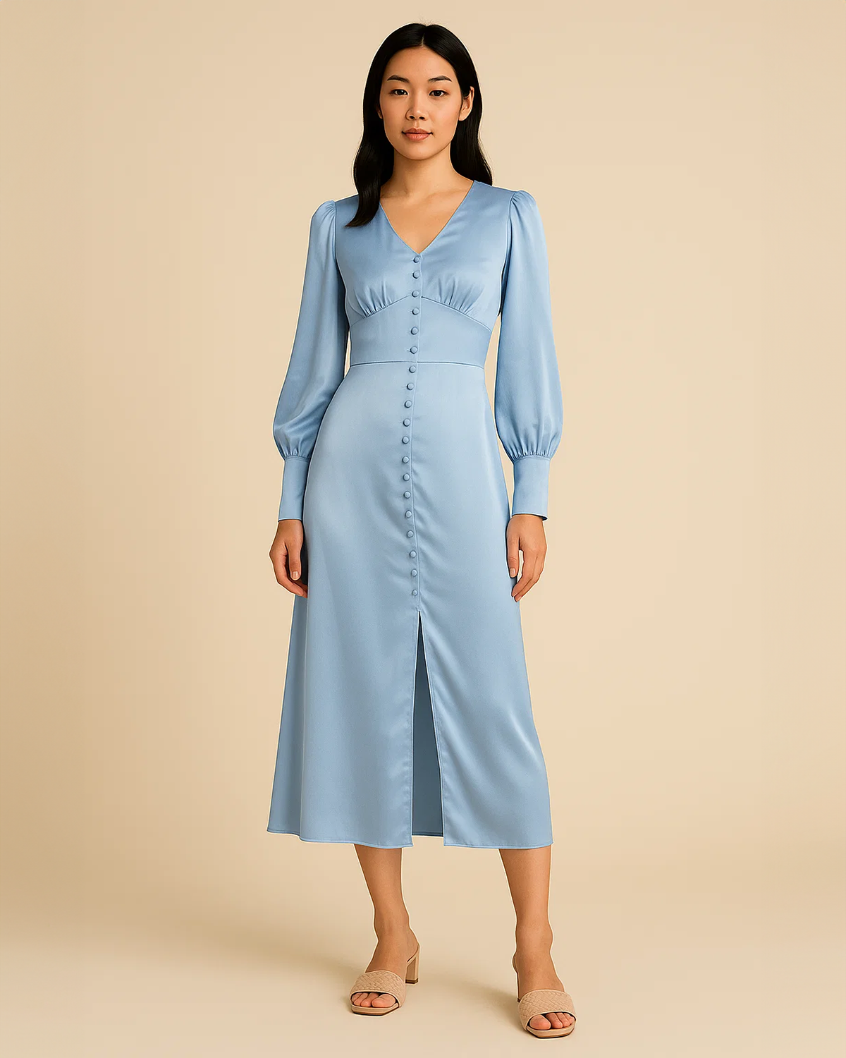 Pale Blue Midi Dress with Buttons