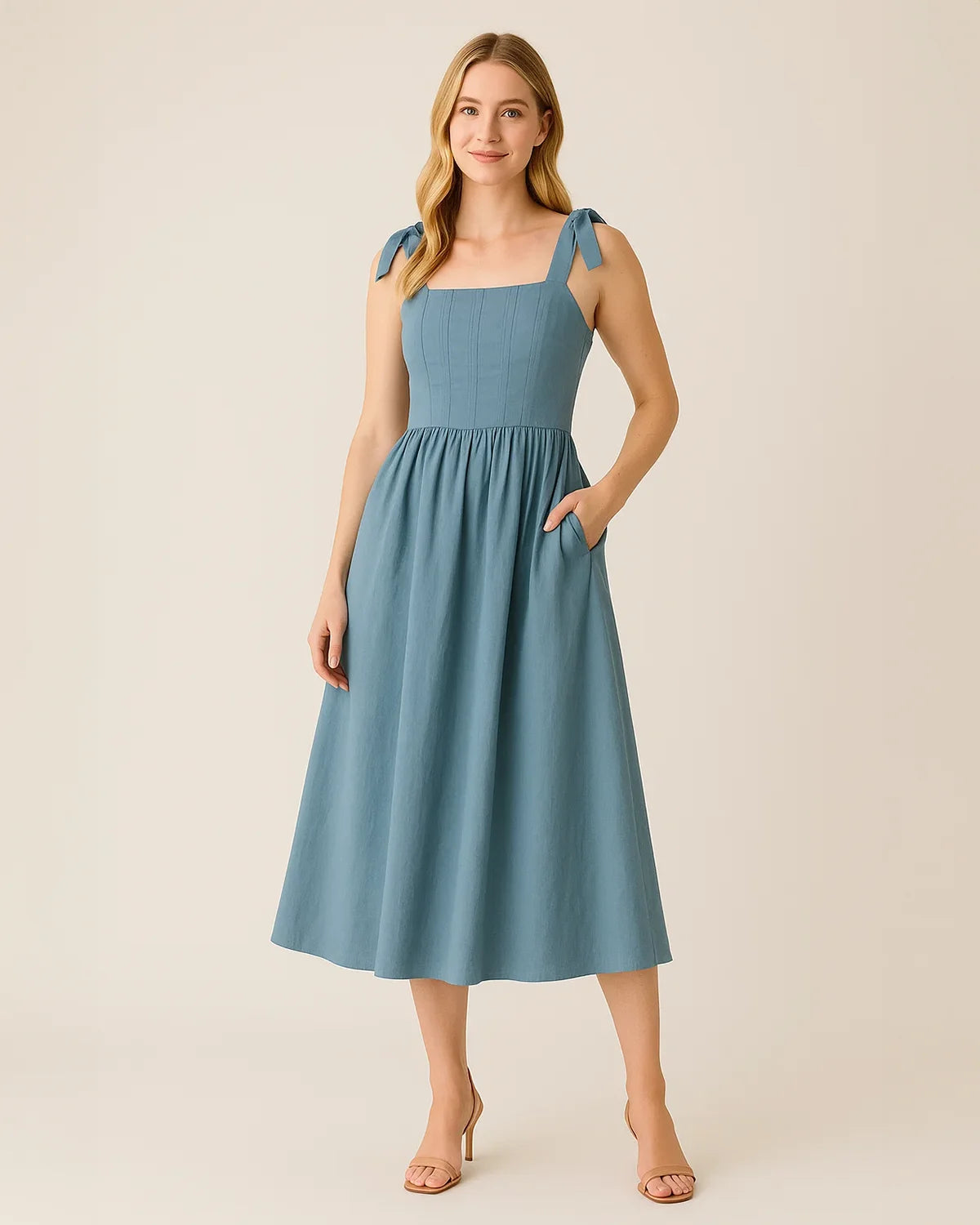Dusky Blue Cotton Midi Dress with Smocked Back & Pockets | ADKN UK Dusky Blue Cotton Midi Dress with Smocked Back & Pockets | ADKN UK