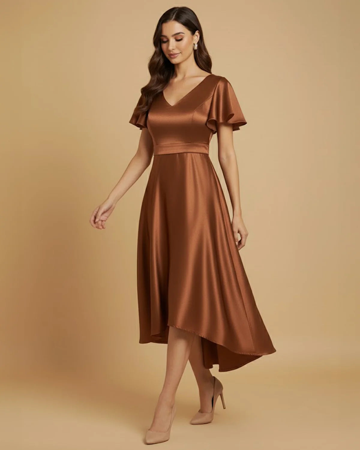 Aura Recycled Satin Flutter Sleeve Bronze High-Low Dress | ADKN Aura Recycled Satin Flutter Sleeve Bronze High-Low Dress | ADKN