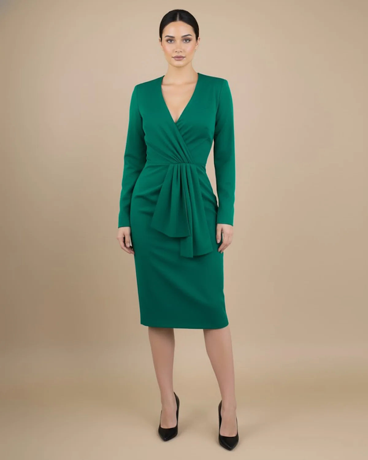 Tailored Emerald Green RPET V-Neck Pencil Dress | ADKN UK