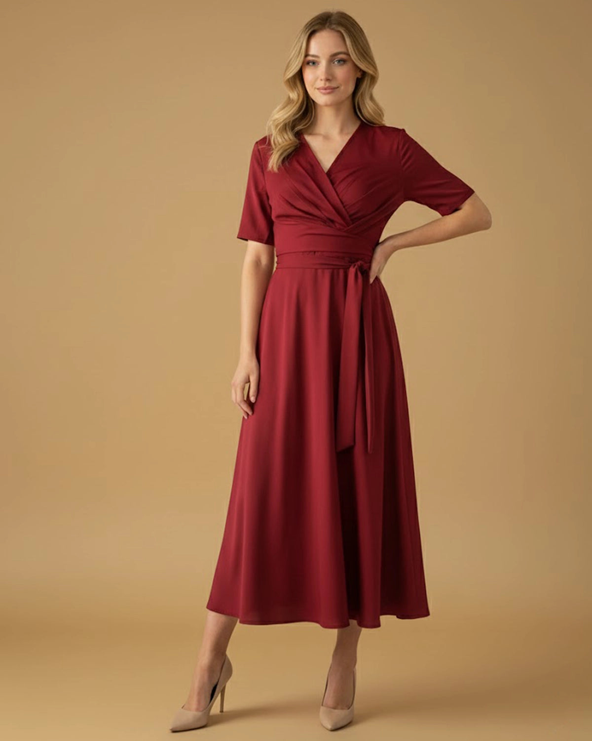open lace back dress Red Short Sleeve Midi Dress with Wrap Belt