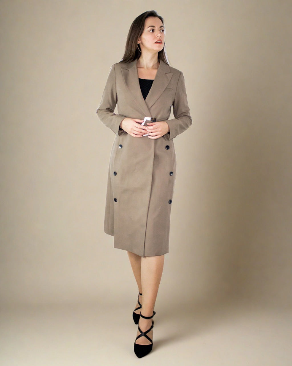 Tayah Women Midi Fitted Coat with Belt - Tailored Trench Coat