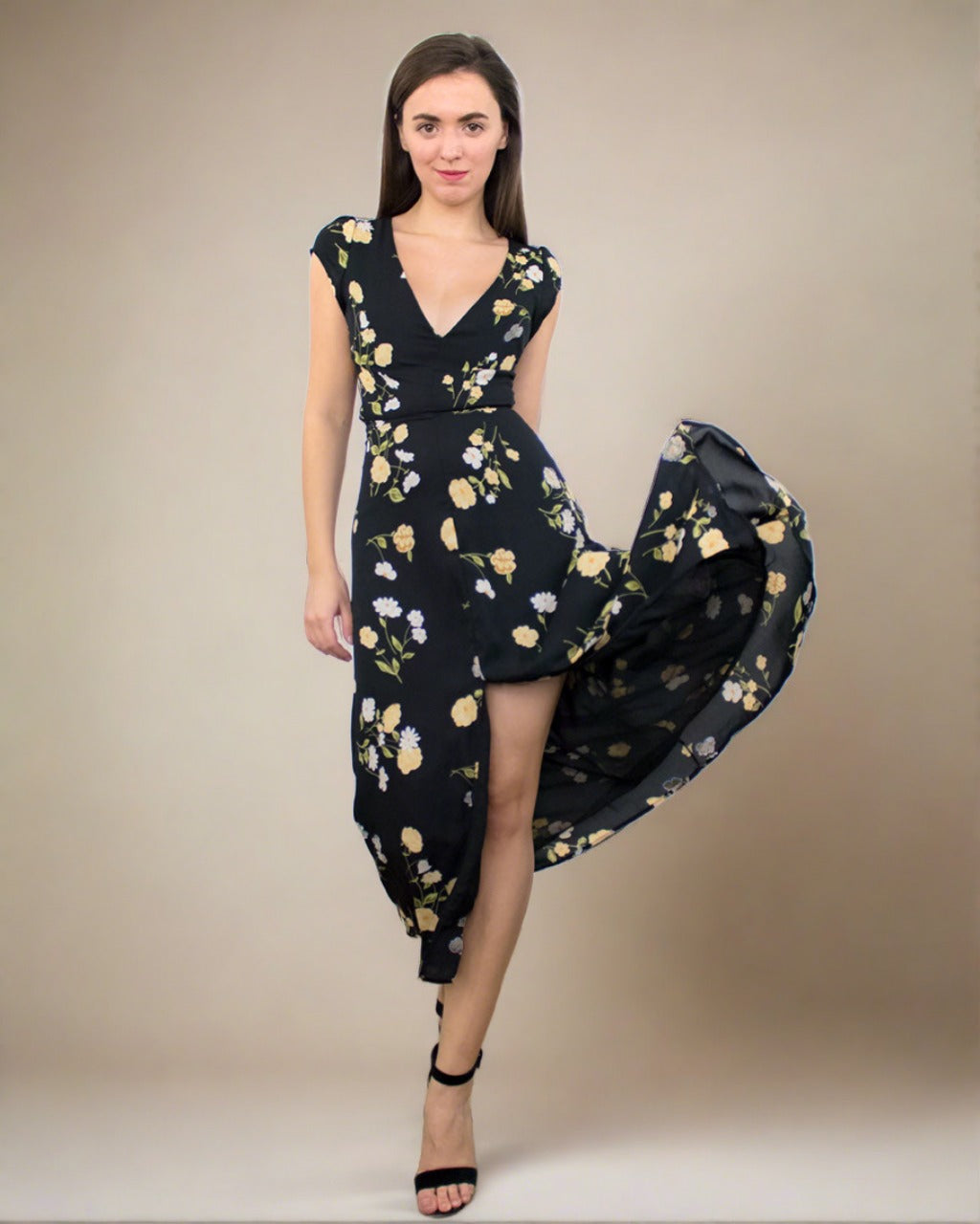 Black Midi Dress with Slit and V-Neck - DLife