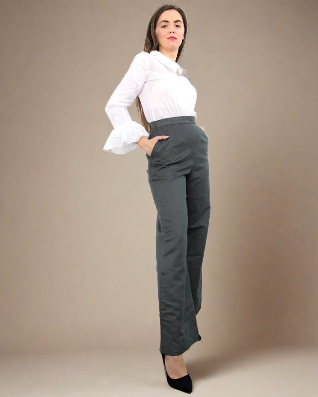 Women's Grey Pants Wide Leg Low Rise