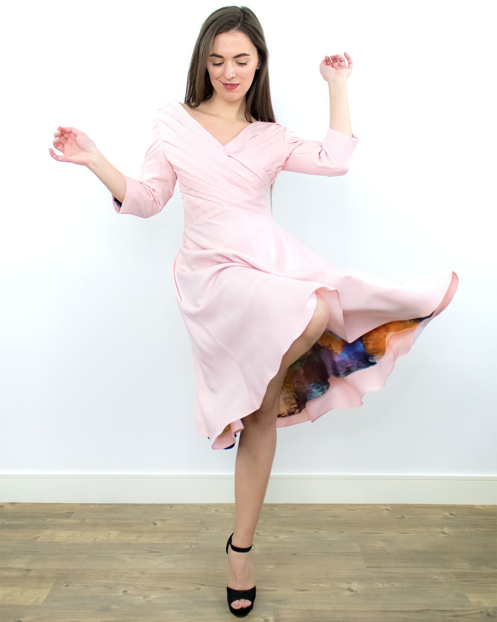 Pink fit and flare dress 2024 with sleeves