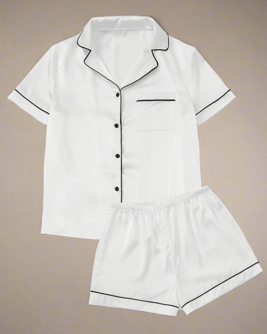 ADKN Satin Button Up Short Sleeve and Shorts Pyjamas White / XS