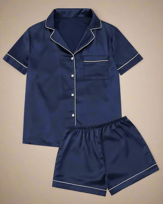 ADKN Satin Button Up Short Sleeve and Shorts Pyjamas Navy Blue / XS