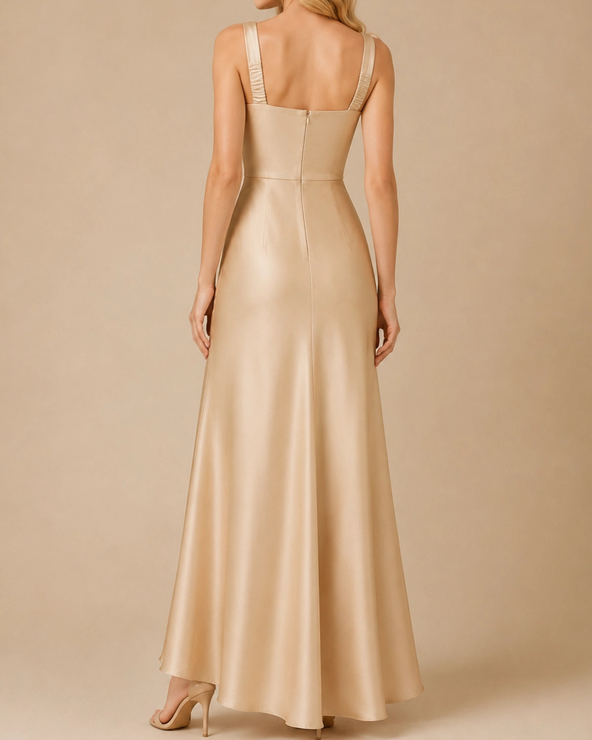 Chelle Champagne Satin Maxi Dress with Detachable Bows | Recycled Satin Dress