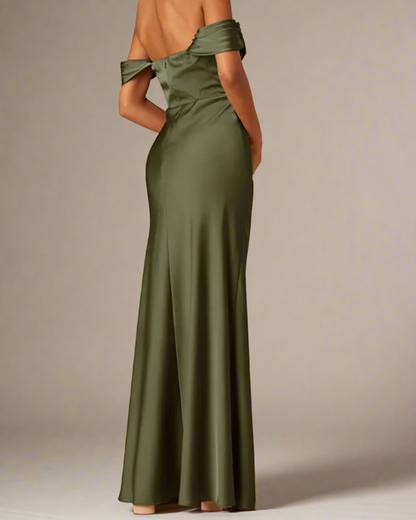 ADKN Brittany Olive Green Satin Bardot Long Evening Dress