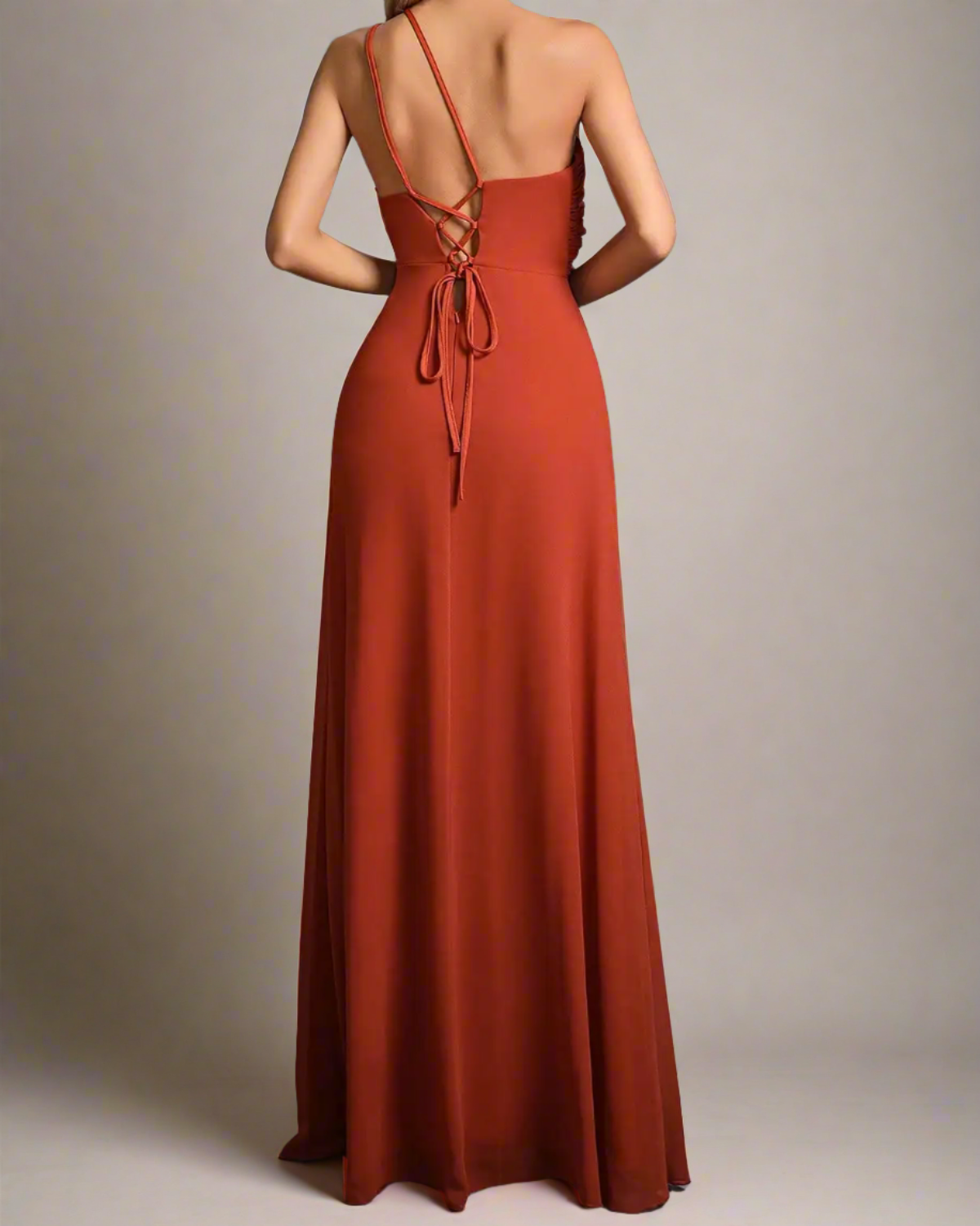 ADKN Serena Burnt Orange Dress for Wedding Guest - One Shoulder Cut-off Maxi Dress