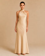 Dalina Multi-Way Champagne Halter Maxi Dress – 100% Recycled Satin Sheath Gown