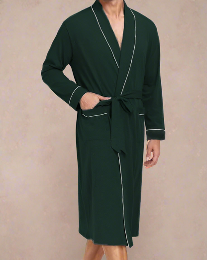 Men Dressing Gown - Cotton Robe for Men with Contrast Piping