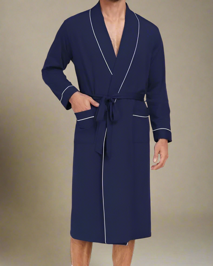 Men Dressing Gown - Cotton Robe for Men with Contrast Piping