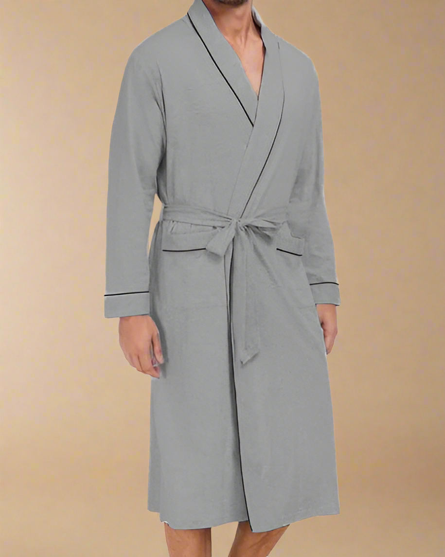 Men Dressing Gown - Cotton Robe for Men with Contrast Piping