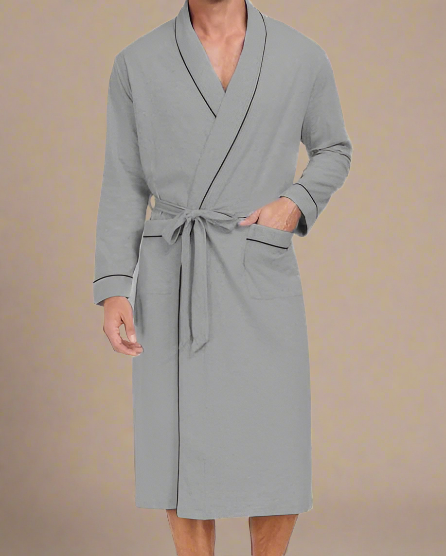 Men Dressing Gown - Cotton Robe for Men with Contrast Piping