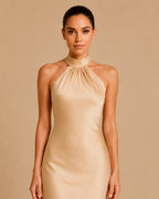 Dalina Multi-Way Champagne Halter Maxi Dress – 100% Recycled Satin Sheath Gown