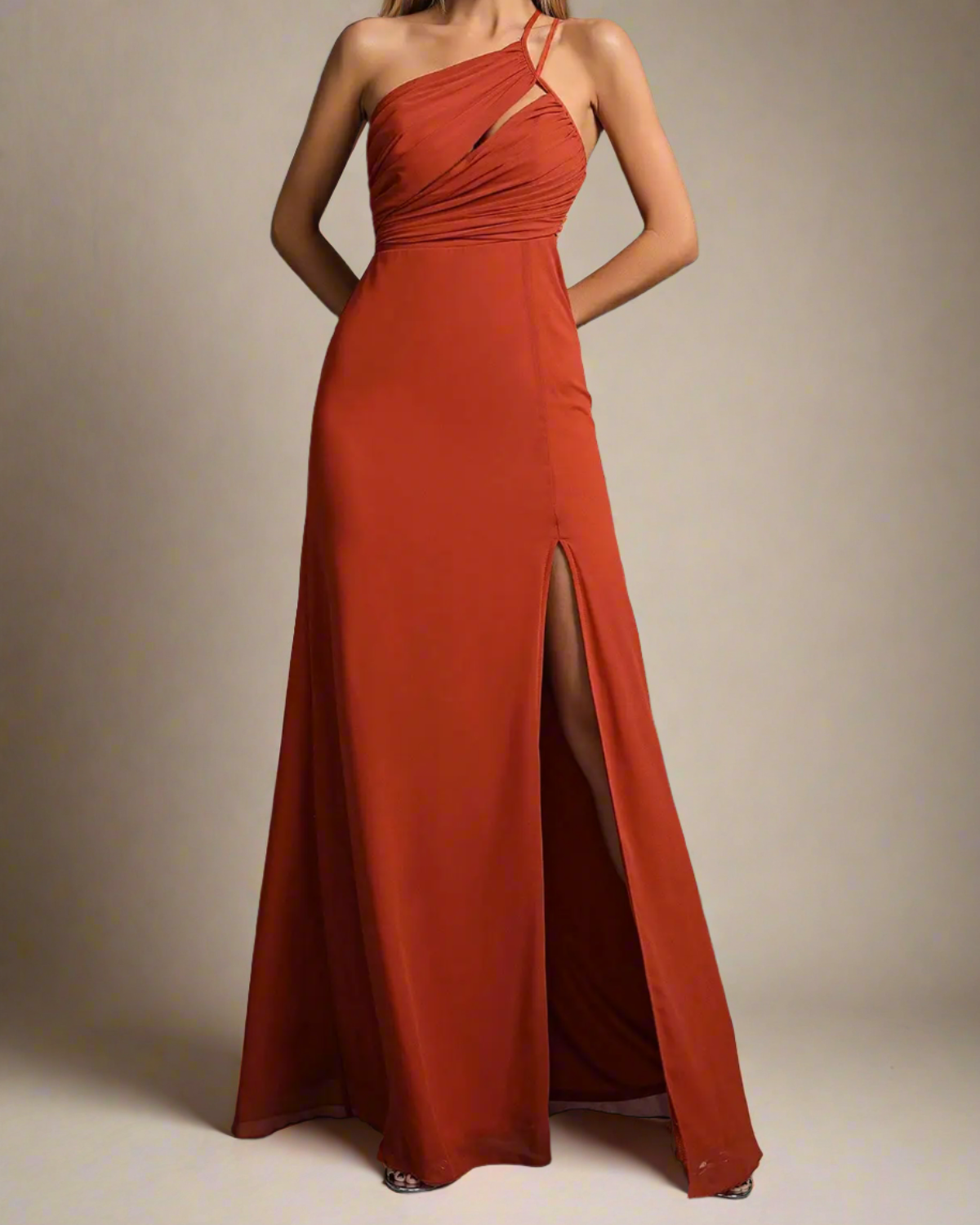 ADKN Serena Burnt Orange Dress for Wedding Guest - One Shoulder Cut-off Maxi Dress