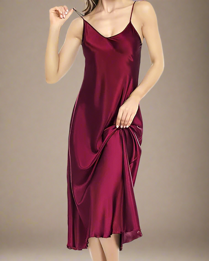 Midi Satin Negligee - Satin Strappy Midi Nightgown