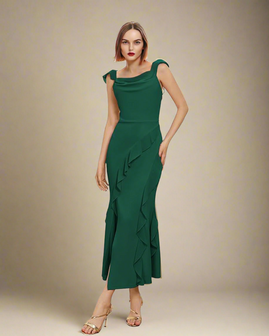 ADKN Livia Ruffle Midi Cocktail Dress - Wedding Guest Dress XS / Forest Green