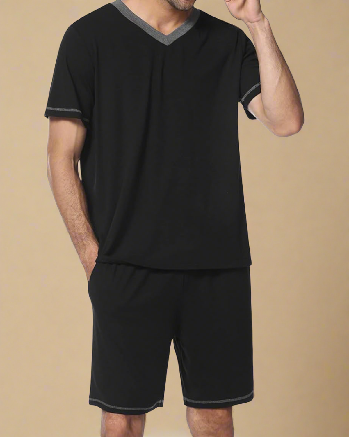 ADKN Men V-Neck T-shirt and Shorts Pyjamas Black / S