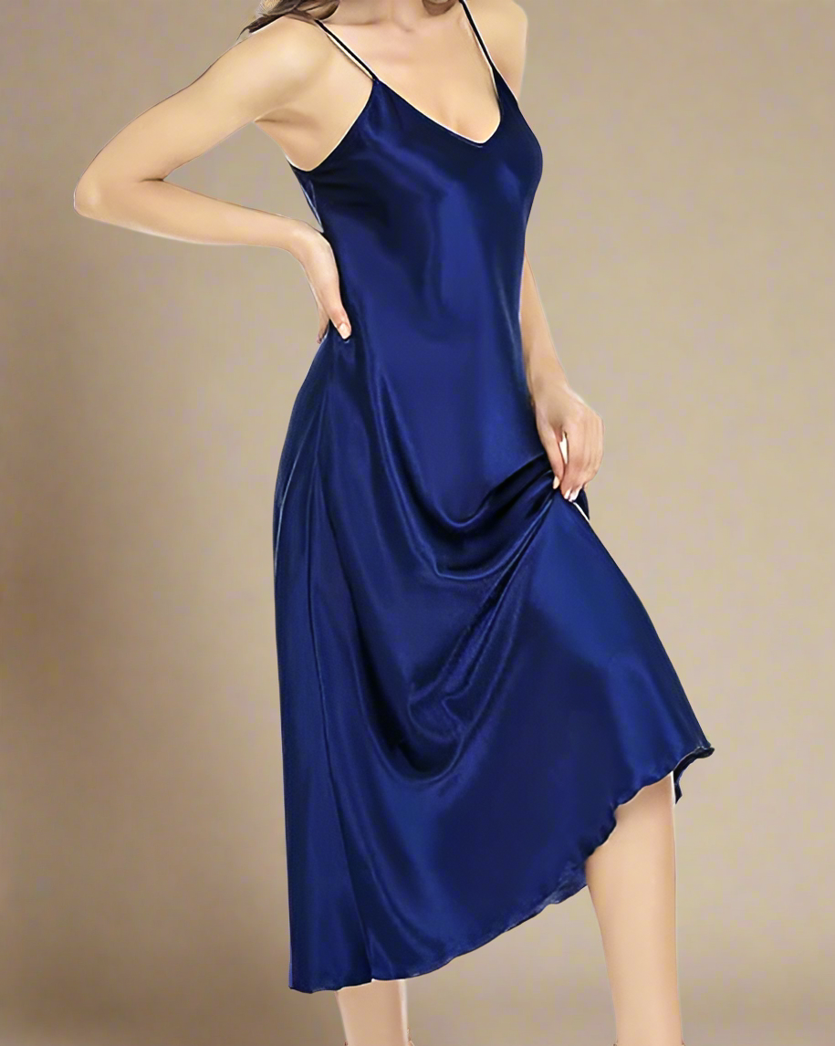 Midi Satin Negligee - Satin Strappy Midi Nightgown