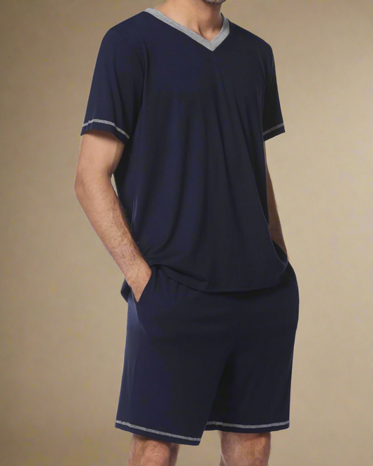 ADKN Men V-Neck T-shirt and Shorts Pyjamas Navy Blue / S