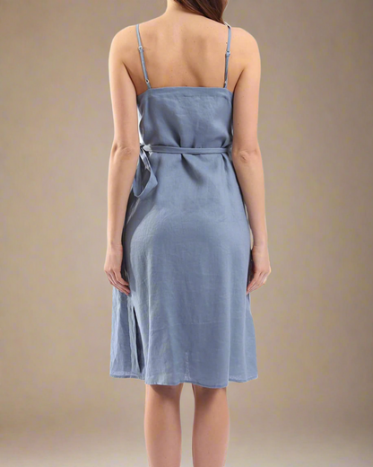 ADKN Celine Blue Linen Wrap Dress with Pockets