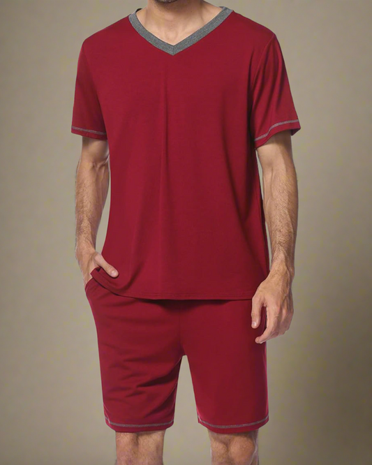 ADKN Men V-Neck T-shirt and Shorts Pyjamas Red / S