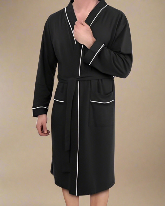 Men Dressing Gown - Cotton Robe for Men with Contrast Piping