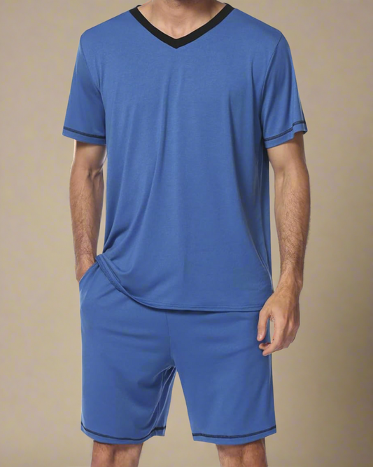 ADKN Men V-Neck T-shirt and Shorts Pyjamas Blue / S