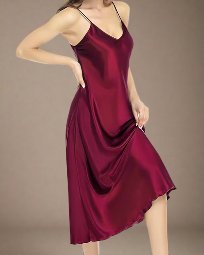 Midi Satin Negligee - Satin Strappy Midi Nightgown