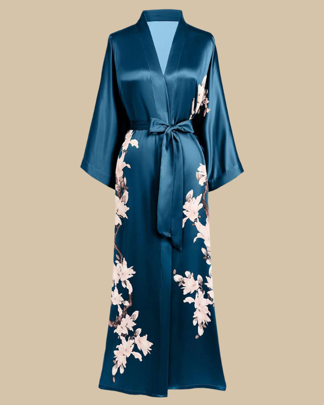 Satin Long Kimono Robe with Floral Print - Japanese Dressing Gown