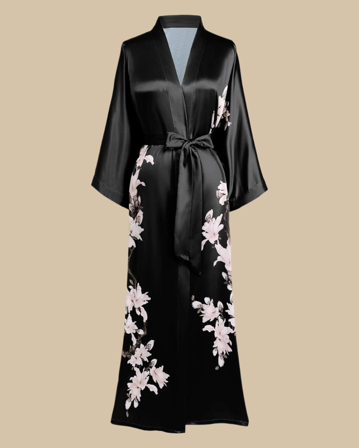 Satin Long Kimono Robe with Floral Print - Japanese Dressing Gown