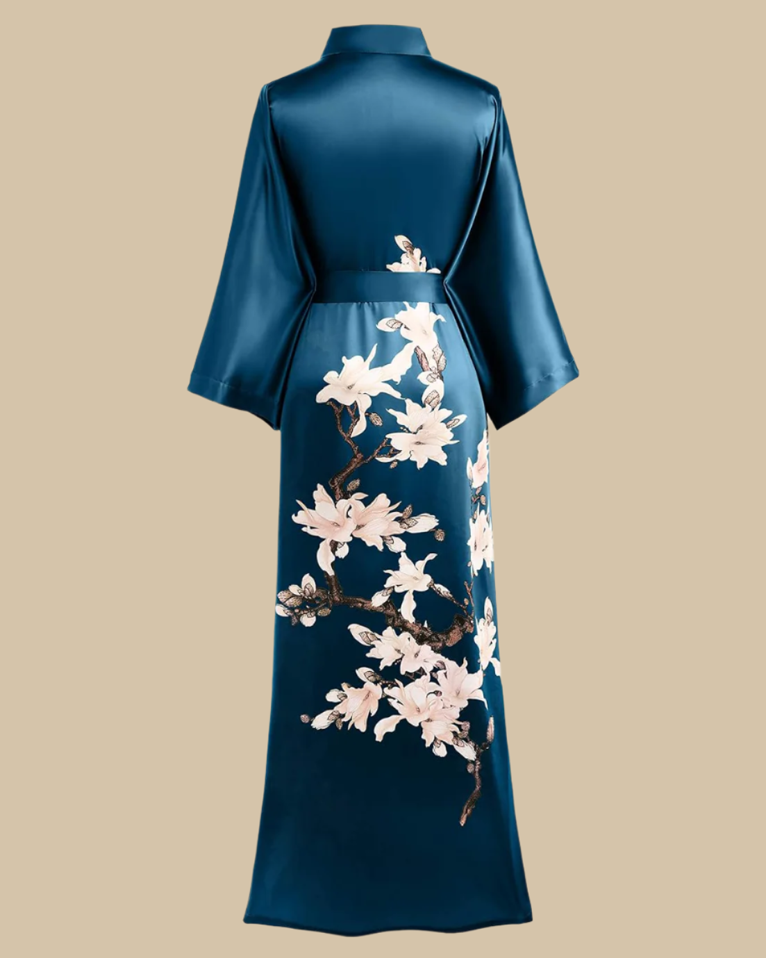 Satin Long Kimono Robe with Floral Print - Japanese Dressing Gown