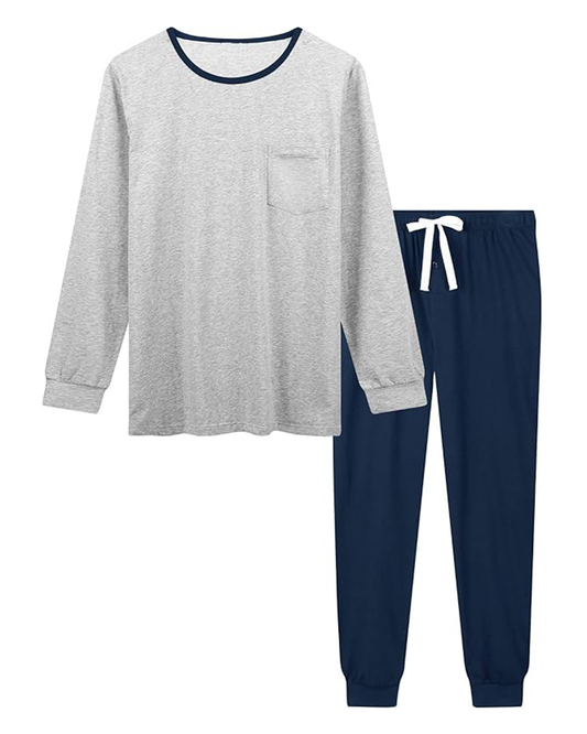 ADKN Men Cotton Pyjamas Loungewear Set S-M / Grey Top + Navy Trousers