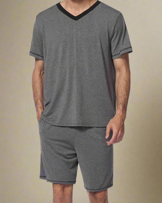 ADKN Men V-Neck T-shirt and Shorts Pyjamas Gray / S