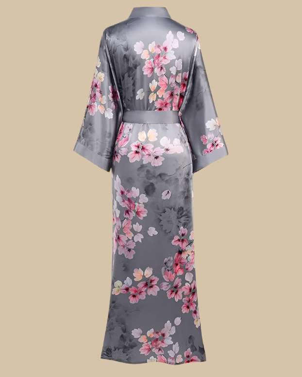 Satin Long Kimono Robe with Floral Print - Japanese Dressing Gown