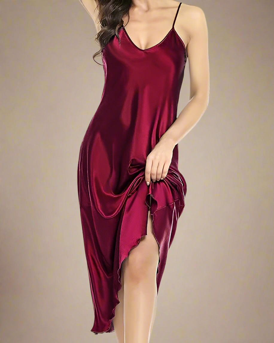 Midi Satin Negligee - Satin Strappy Midi Nightgown