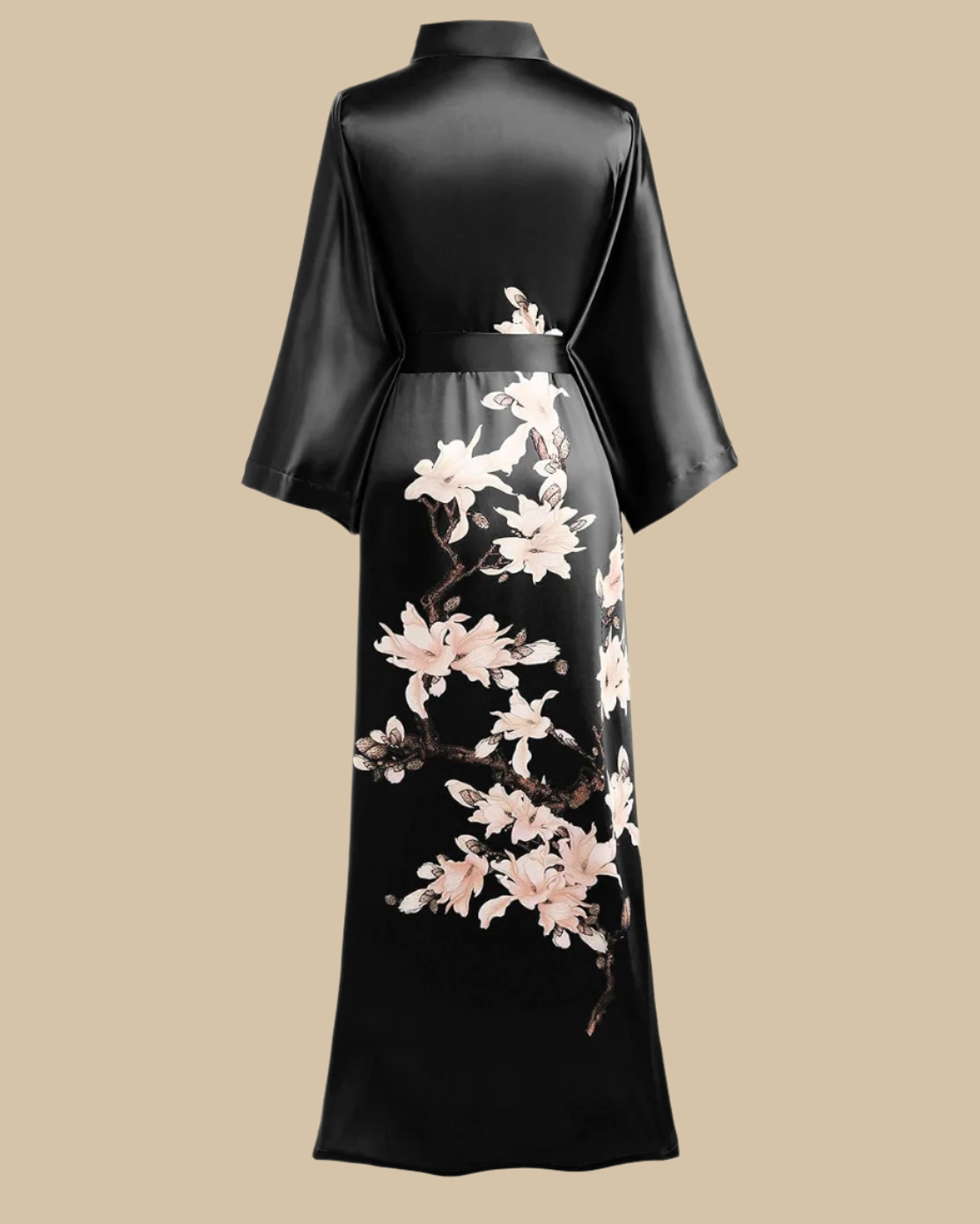 Satin Long Kimono Robe with Floral Print - Japanese Dressing Gown