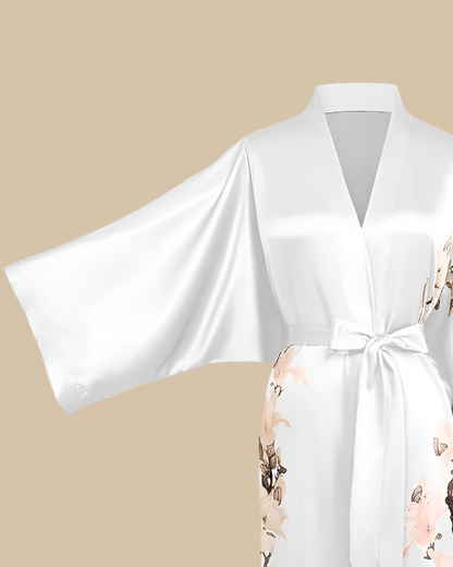 Satin Long Kimono Robe with Floral Print - Japanese Dressing Gown