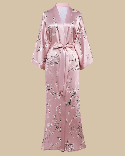 Satin Long Kimono Robe with Floral Print - Japanese Dressing Gown