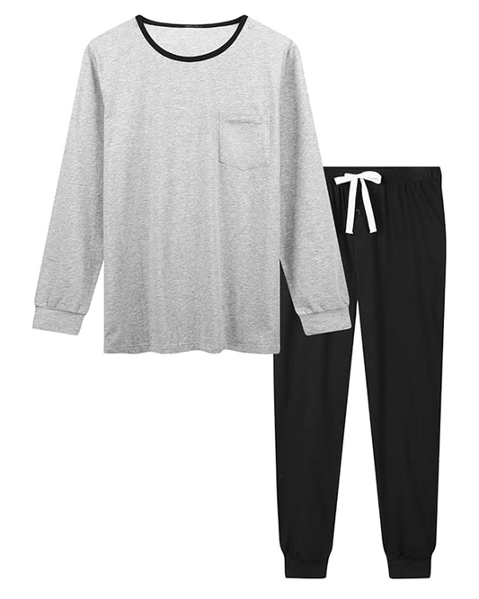 ADKN Men Cotton Pyjamas Loungewear Set S-M / Grey Top + Black Trousers
