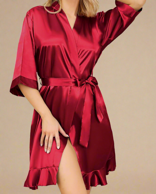 ADKN Satin Short Dressing Gown with Ruffles