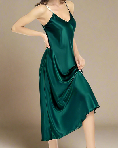 Midi Satin Negligee - Satin Strappy Midi Nightgown