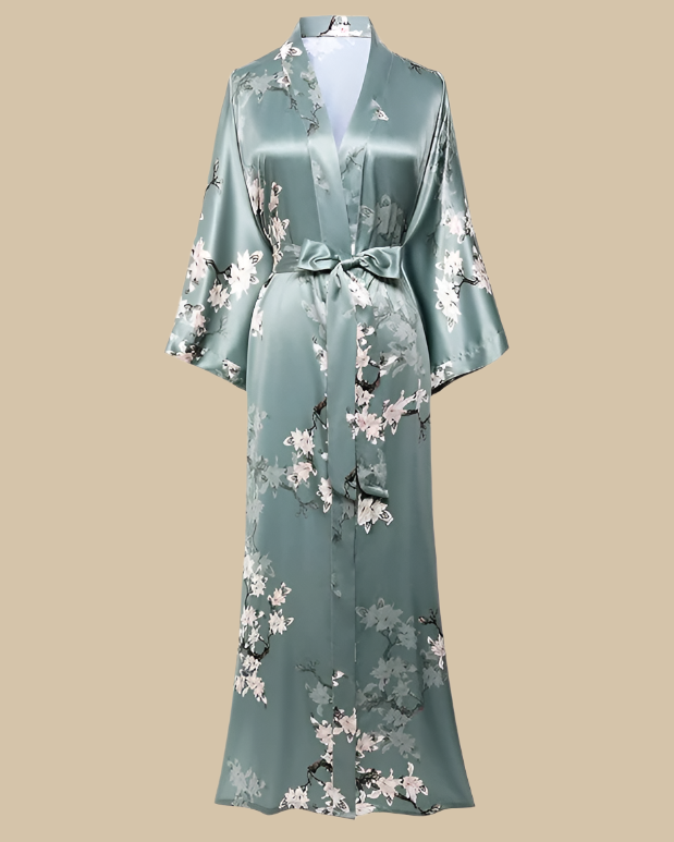 Satin Long Kimono Robe with Floral Print - Japanese Dressing Gown