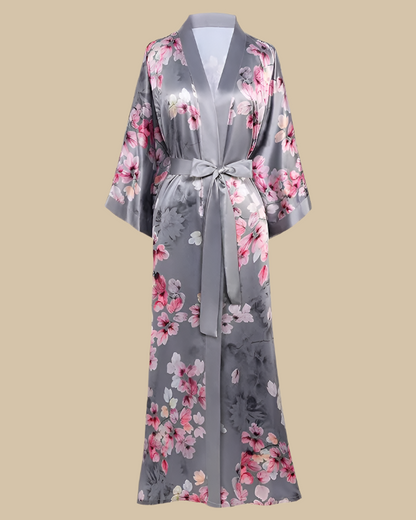 Satin Long Kimono Robe with Floral Print - Japanese Dressing Gown