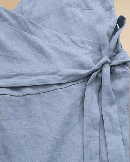 ADKN Celine Blue Linen Wrap Dress with Pockets